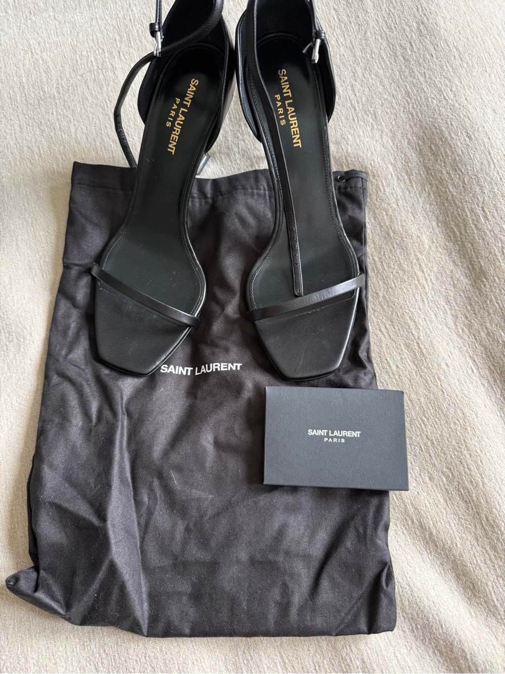 Saint Laurent Black Leather Sandals with Silver YSL Logo Heels - Picture 6 of 8